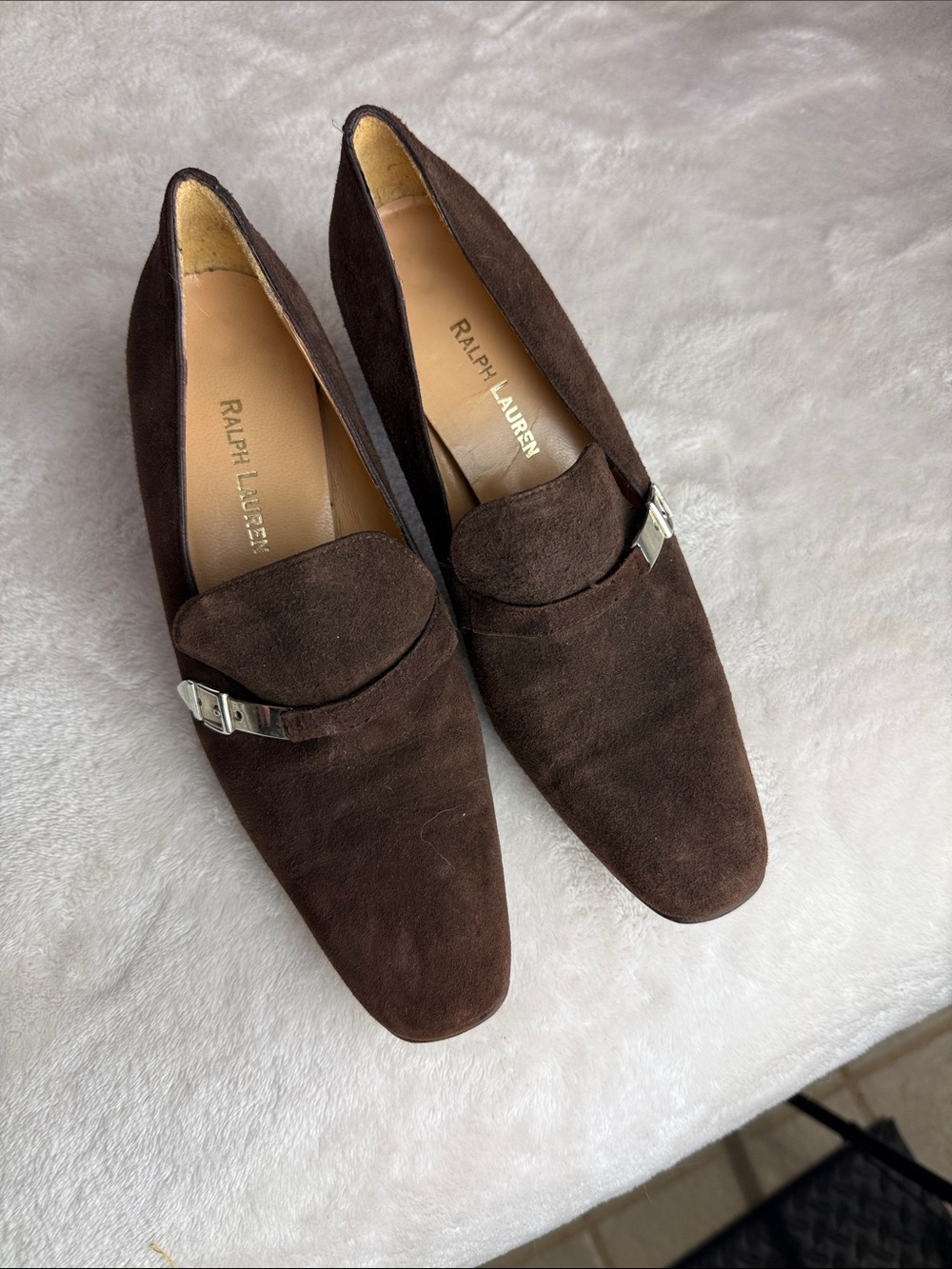 Ralph Lauren Collection Brown Suede Ornament Heeled Loafers Size 6.5 B Spain EUC